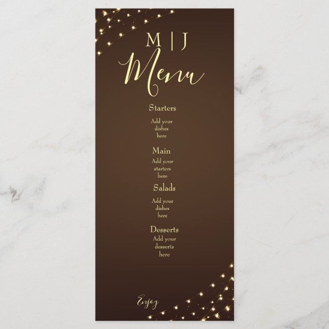 Menu Élégantes lumières de mariage marron et or (Devant)