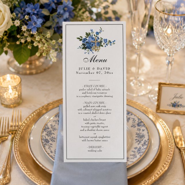Menu Élégantes Roses Bleues Mariage Religieux (Créateur téléchargé)