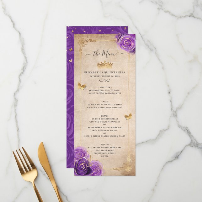 Menu Élégantes Roses Fleurs Aquarelle Or et Violet (Devant/Arrière en situation)