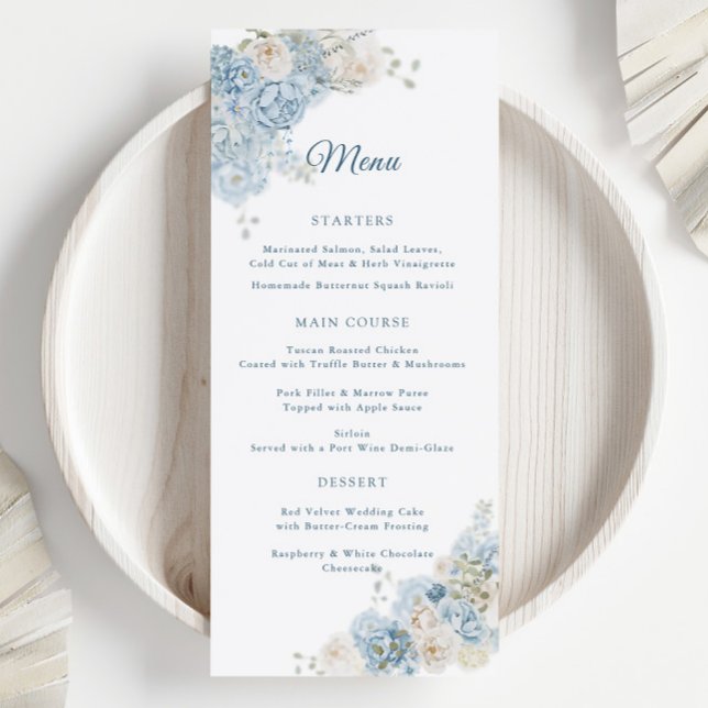 Menu Élégantes Roses Florales Bleues de Mariage à l'Aqu (Créateur téléchargé)