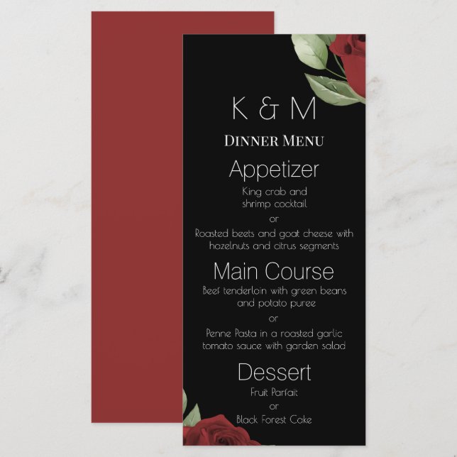 Menu Élégantes Roses Rouges sur Fond Noir (Devant / Derrière)