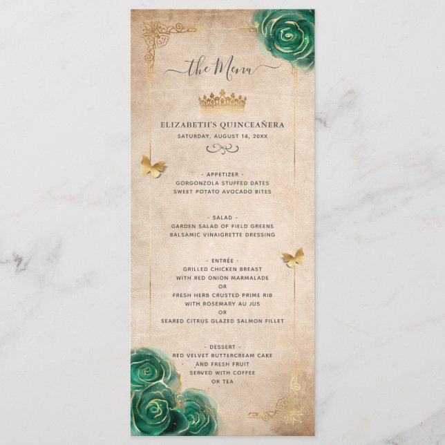 Menu Élégantes Roses Vertes et Or Aquarelle Florale (Devant)