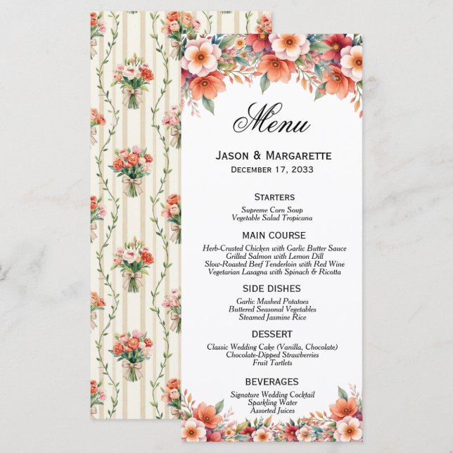 Menu Élégants Floraux en Terracotta Orange Brûlé Modern (Devant / Derrière)