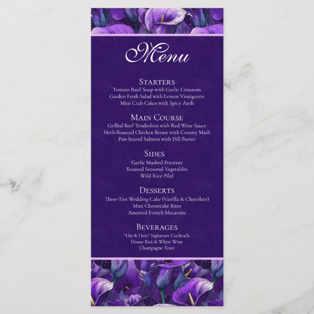 Menu Élégants Lys calla violets inspirés de destination (Devant)