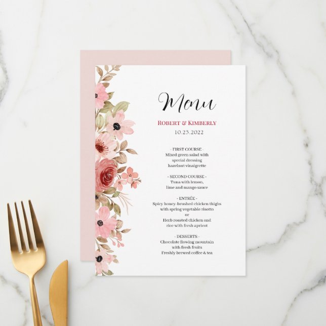 Menu ELLE Rose Fleur Élégant Mariage (Devant/Arrière en situation)