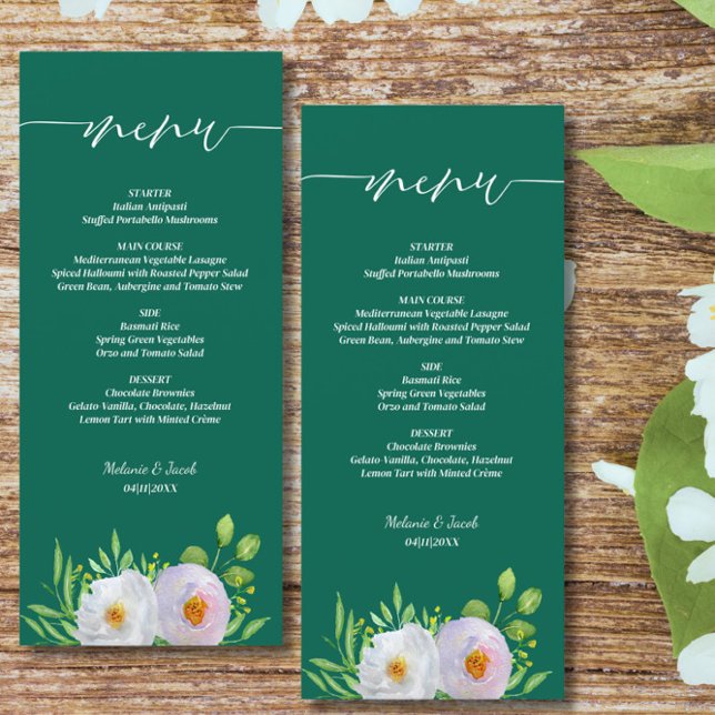 Menu Emerald Green Blanc Floral Mariage (Créateur téléchargé)