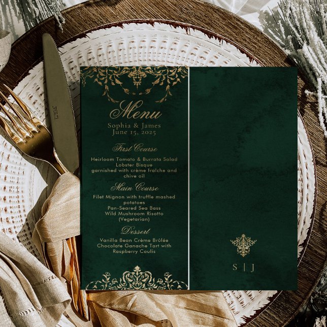 Menu Emerald Green et Gold Ornate Mariage élégant (Créateur téléchargé)