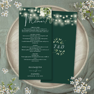 Menu Emerald Green Floral String Lights Dîner Mariage