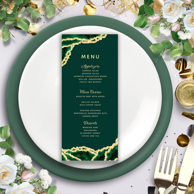Menu Emerald Green & Gold Agate Mariage élégant (Créateur téléchargé)