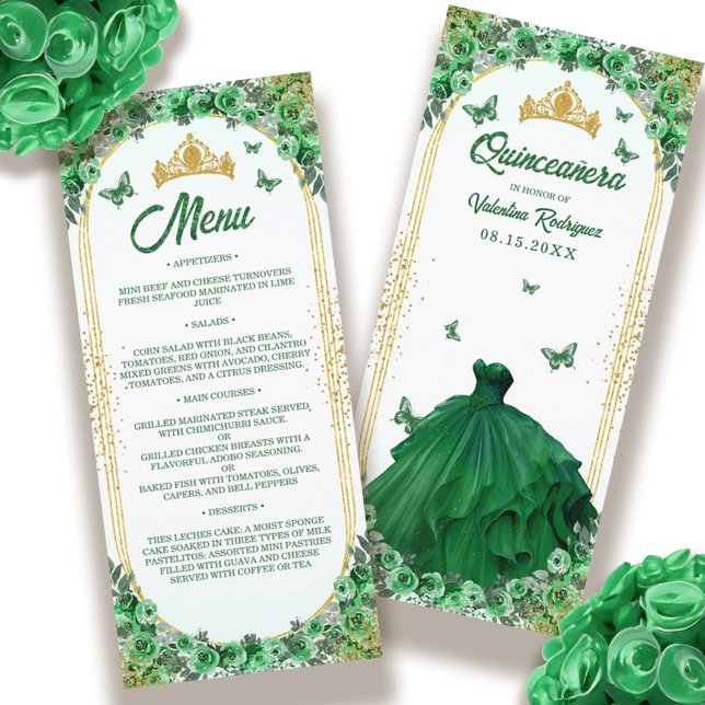 Menu Emerald Green Gold Parties scintillant Floral Quin (Emerald Green Gold Glitter Floral Quinceanera Menu)