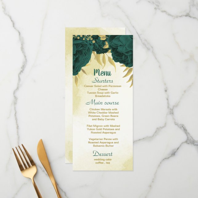 Menu Emerald vert fleurs or feuille mariage (Devant/Arrière en situation)