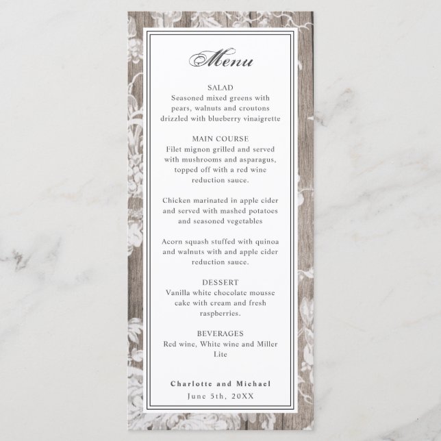 Menu Empreinte fleur romantique sur le mariage de bois  (Devant)