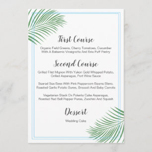 Menu en feuille de palmier tropical mou de mariage