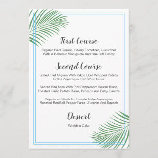 Menu en feuille de palmier tropical mou de mariage