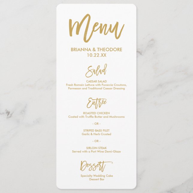 Menu en lettres de mariage d'or de main chic (Devant)