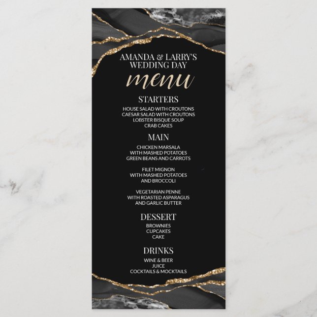 Menu en marbre d'agate noir et or (Devant)