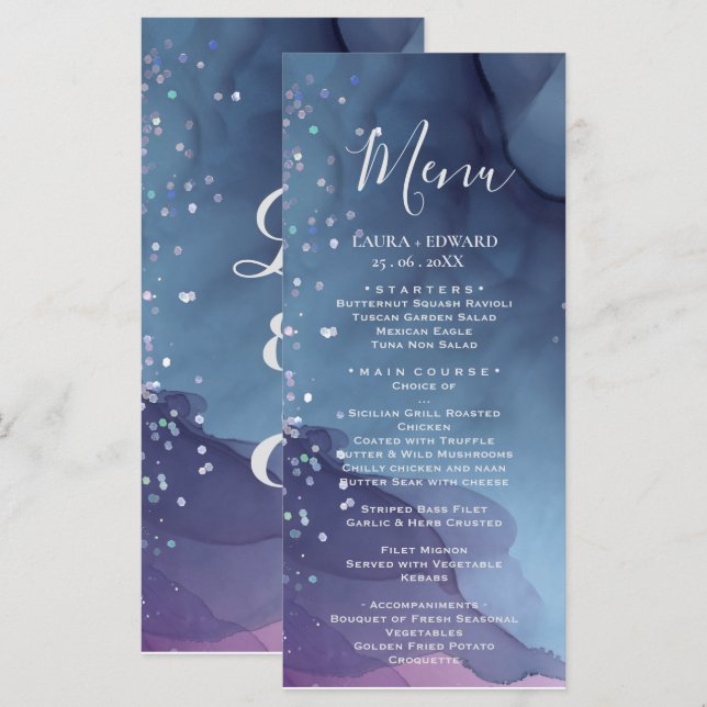 Menu encre d'alcool bleu et violet avec mystique de par (Devant / Derrière)