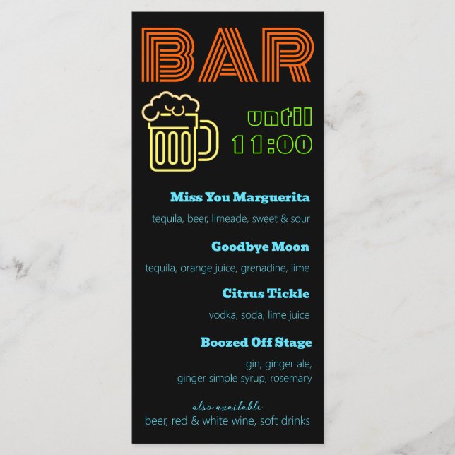 Menu Enseigne de bar néon Boissons (Devant)