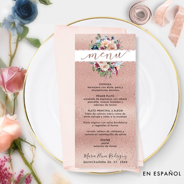 Menu Espagnol, Rose Gold Pastel Floral Quinceañera (Créateur téléchargé)