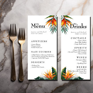 Menu et boissons Oiseaux de Paradise Bliss