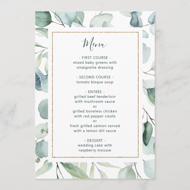 Menu Ethereal Eucalyptus Gold Frame Mariage (Devant)