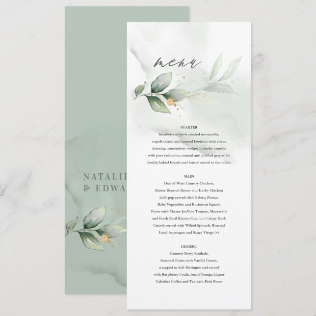 Menu Ethersage vert eucalyptus mariage moderne (Devant / Derrière)