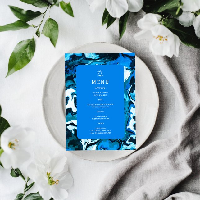 Menu Étoile de David Blue Marble Bar Mitzvah sur mesure (Blue Marble Star of David Custom Bar Bat Mitzvah Jewish Wedding Event  Menu
)