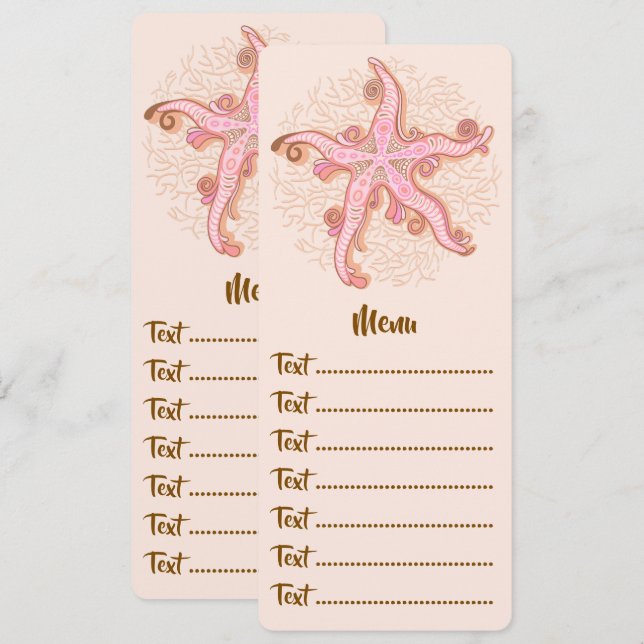 Menu Étoiles de mer et motif pastel rose corail (Devant / Derrière)
