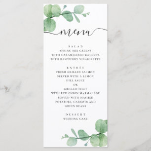 Menu Eucalyptus aquarelle. Écriture élégante de mariage