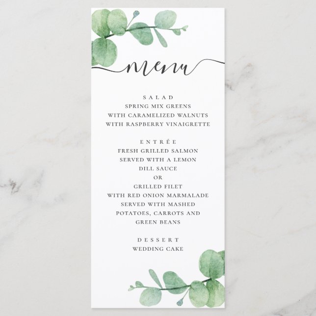 Menu Eucalyptus aquarelle. Écriture élégante de mariage (Devant)