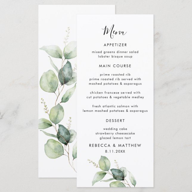 Menu Eucalyptus Aquarelle Script Dîner Mariage (Devant / Derrière)