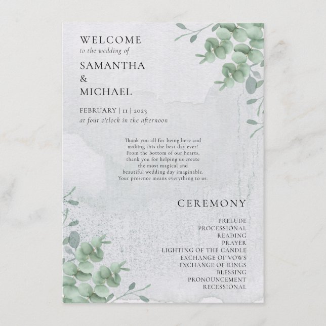 Menu Eucalyptus floral minimal modern program wedding (Devant)