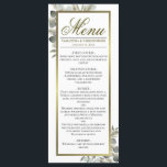 Menu Eucalyptus & Golden Pine Mariage élégant<br><div class="desc">Ce beau menu mariage présente un design boho chic rustique avec une végétation hivernale incluant des feuilles d'eucalyptus et des branches de pin dans les tons vert sauge et or, avec un cadre doré faux feuille. Le texte est entièrement personnalisable avec de l'espace pour le nom du couple et la...</div>