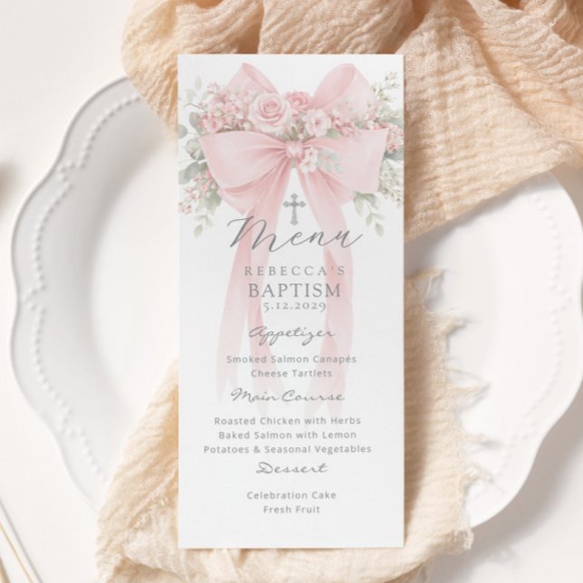 Menu Eucalyptus Rose Ruban Élégant Baptême (Créateur téléchargé)