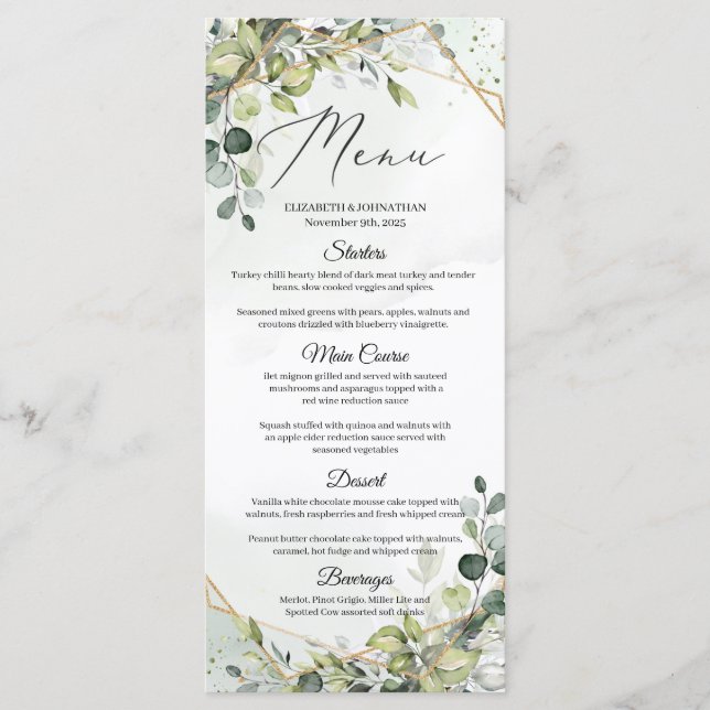Menu Eucalyptus Verdure Faux Gold Frame Mariage Dîner (Devant)