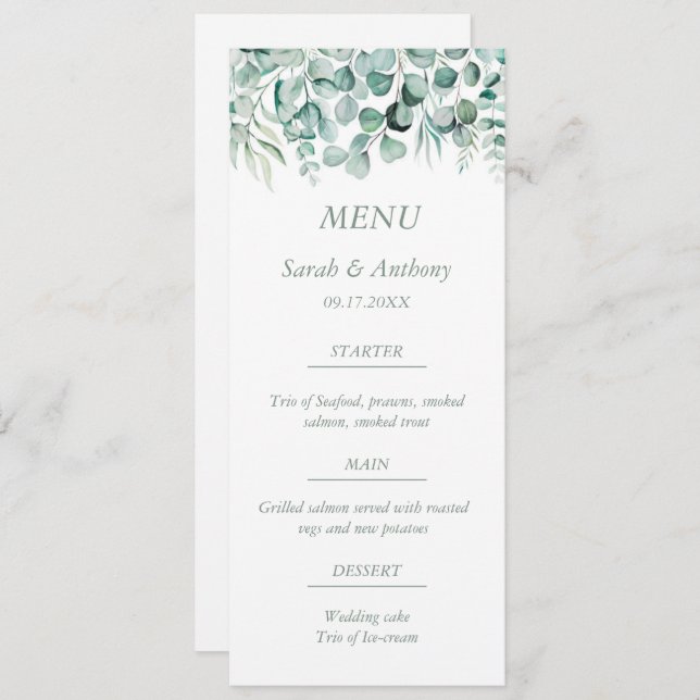 Menu Eucalyptus Verdure Feuillage Rustique Mariage Nour (Devant / Derrière)