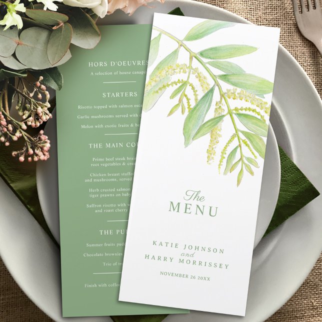 Menu Eucalyptus vert feuille crème aquarelle (Créateur téléchargé)