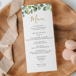 Menu Eucalyptus vert simple<br><div class="desc">Conçu pour correspondre à notre collection Mixed Greenery mariage,  ce menu personnalisable comprend un feuillage vert aquarelle avec du texte doré et gris et un cadre doré sur le dos. Pour effectuer des modifications avancées,  accédez à l'option "Cliquez pour customiser plus loin" sous Personnaliser ce modèle.</div>