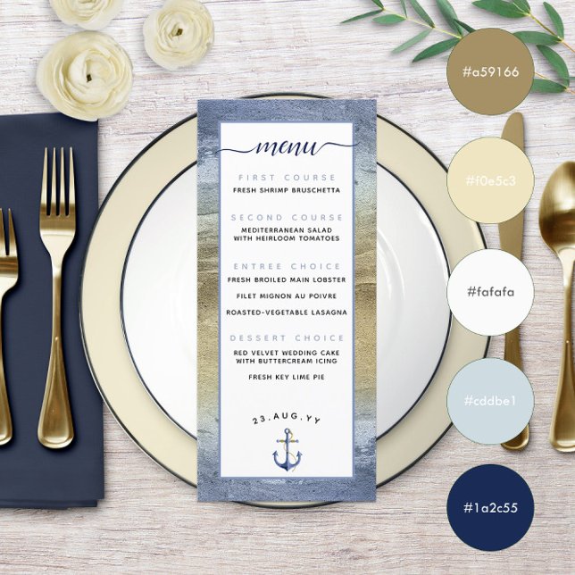 Menu Événement Bleu & Or ⚓️ ou Mariage Nautique (Blue & Gold ⚓️ Event or Nautical Wedding Menu with Color Swatches
)