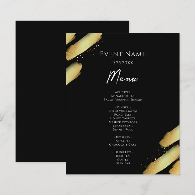 Menu Événement Budget Peinture Noire et Or (Devant / Derrière)