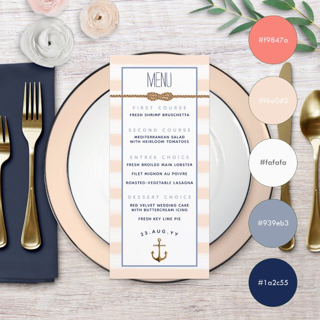 Menu Événement Formel Nautique Corail et Rayures Blanch (Infinity Knot Event Coral & White ⚓ Nautical Menu | Pastel Coral + Muted Blues with Color Swatches
)