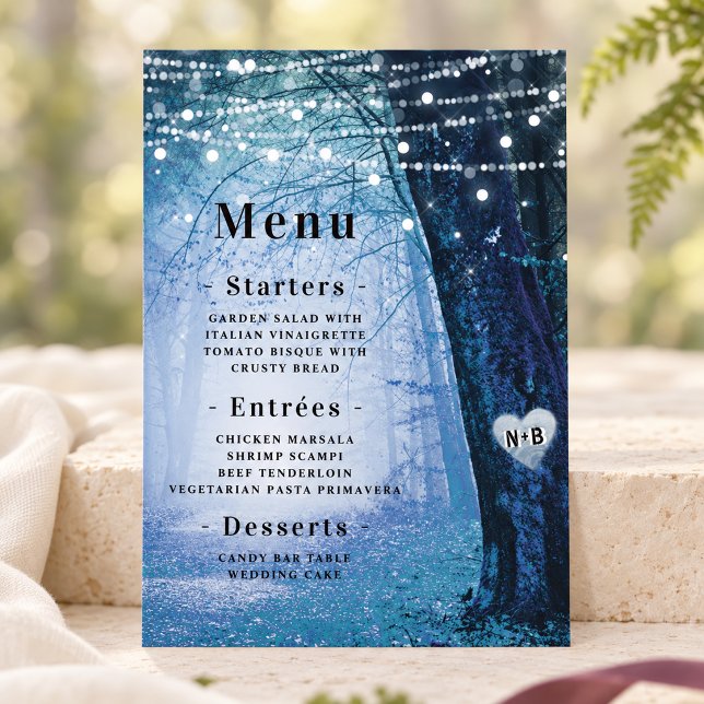 Menu Evermore | Forêt de Fées Enchantée | Dîner Bleu (Blue Evermore enchanted forest dinner menu, shown with coordinated wedding styling. Decorative props are not included.)