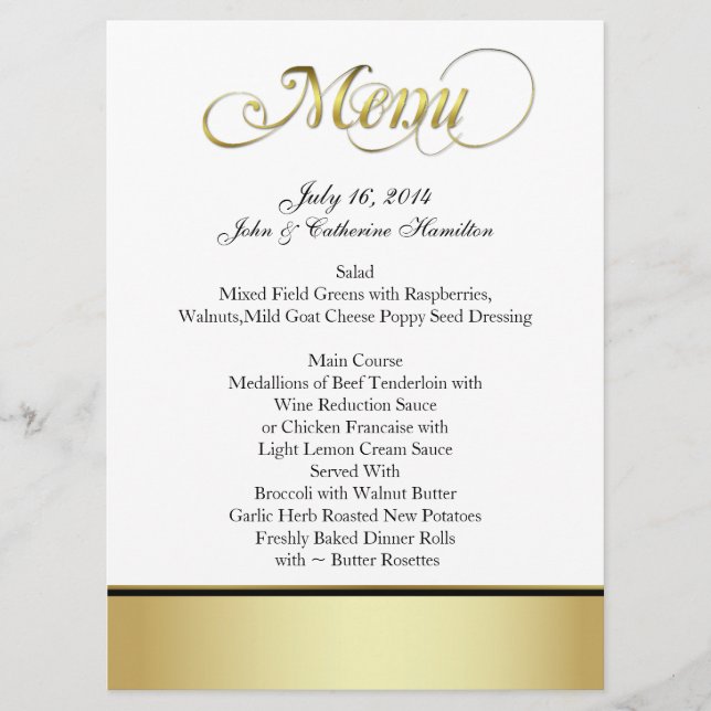 Menu fait sur commande chic noir, blanc, et d'or (Devant)