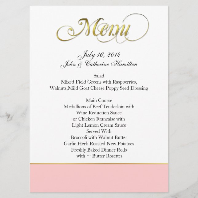 Menu fait sur commande chic rose, blanc, et d'or (Devant)