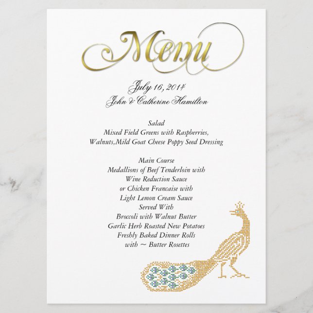 Menu fait sur commande de mariage de paon d'or (Devant)
