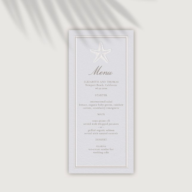 Menu Faux de poisson-Starfish Côtier Mariage officiel (coastal wedding menu classic formal traditional frame faux embossed starfish nautical beach)