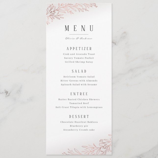 Menu Faux doré rose or botanique élégant mariage (Devant)