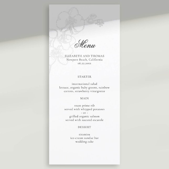 Menu Faux Embossé Orchid Mariage classique moderne (formal wedding menu card faux embossed orchid sketch modern classic typography calligraphy)