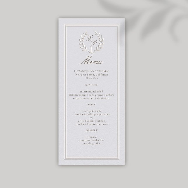 Menu Faux Embossés Ancre nautique ivoirienne Mariage of (nautical wedding menu modern classic formal traditional faux embossed anchor crest monograms)