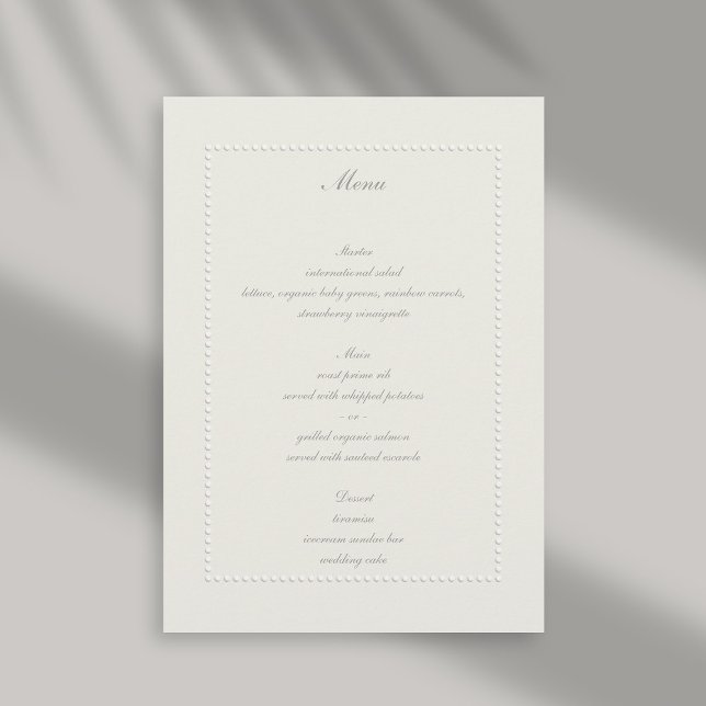 Menu Faux Embossés Cadre Poulé Ecru Elegant Mariage (formal wedding menu faux embossed beaded frame ecru linen classic traditional elegant)